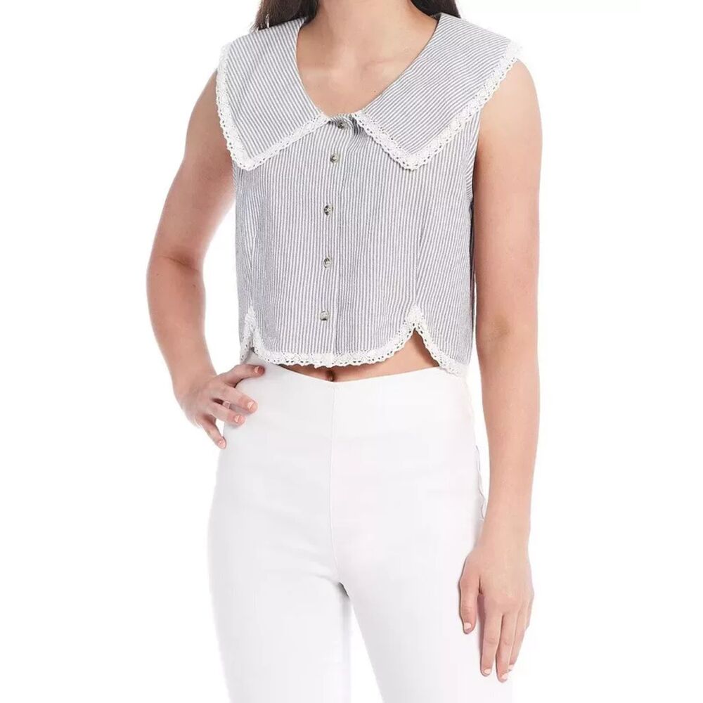 Chelsea & Violet Blue Striped Cotton Tank Top M Button Front Coastal Chic